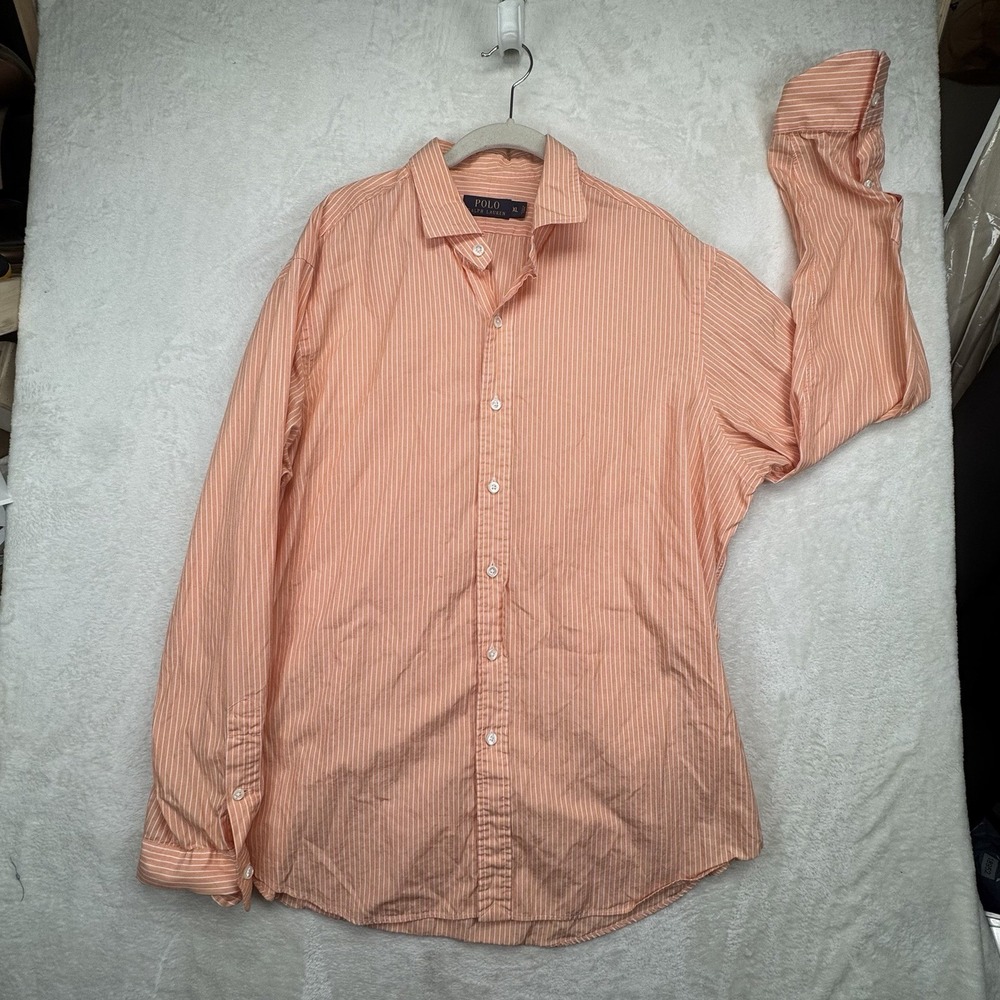 Polo Ralph Lauren Dress Shirt Men's XL Orange Striped Preppy Button Front